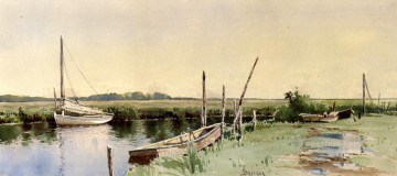 風景 Painting - 入り江の帆船 アルフレッド・トンプソン・ブリチャー